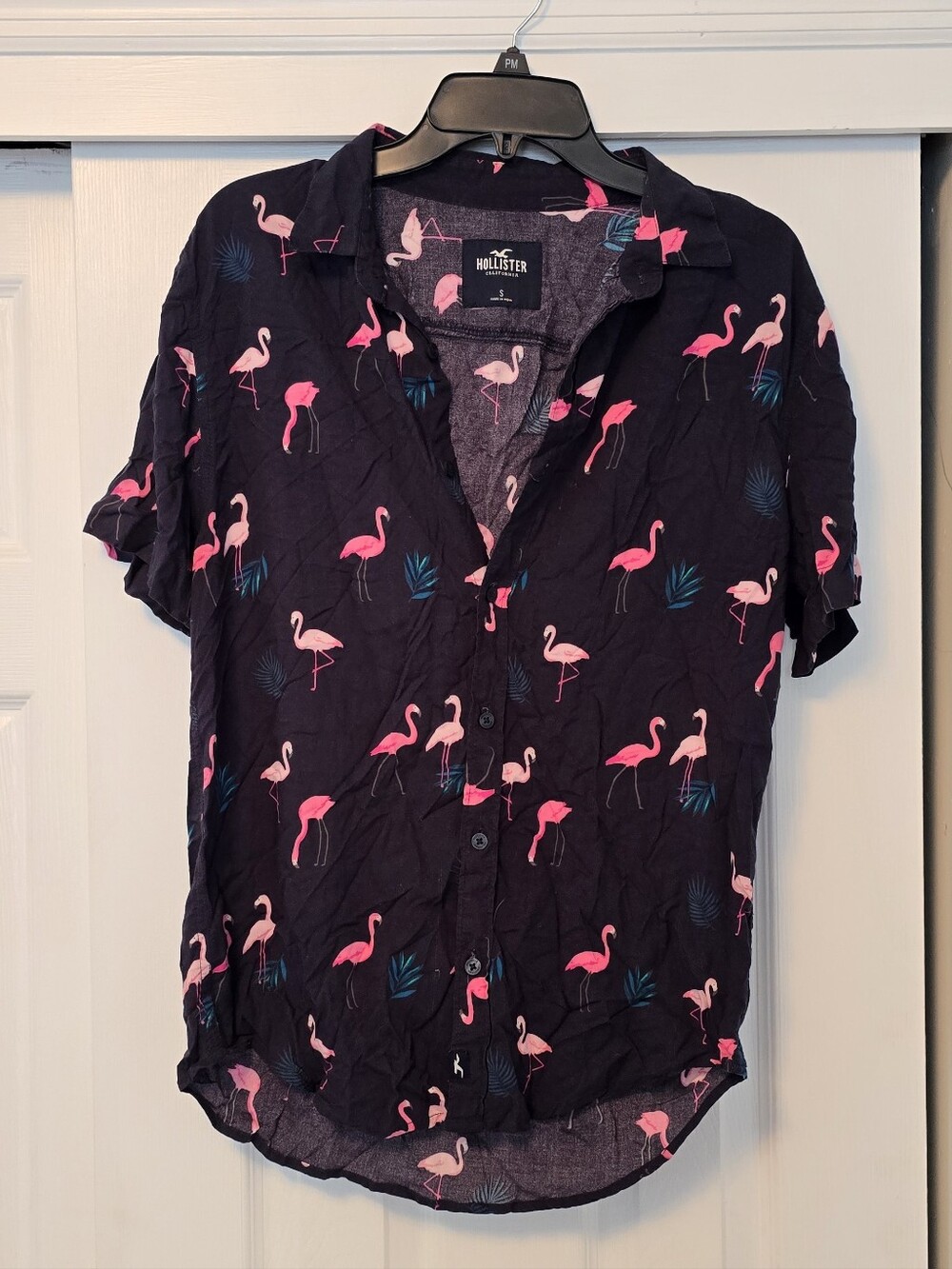 Hollister Black Short-Sleeve Button-Down with Pink Flamingo Print